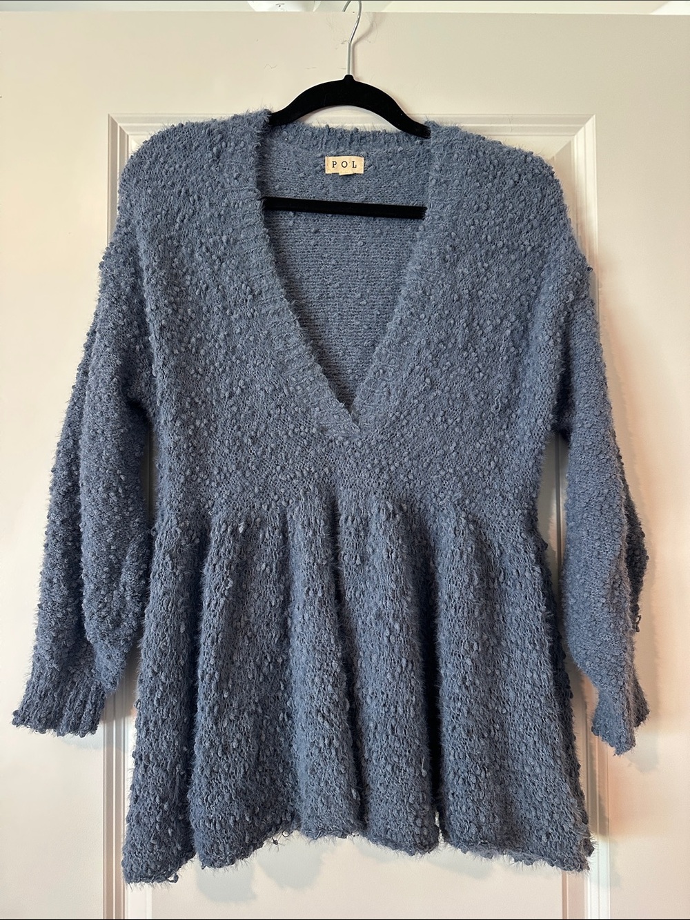 POL Dusty Blue V-Neck Popcorn Knit Pullover
